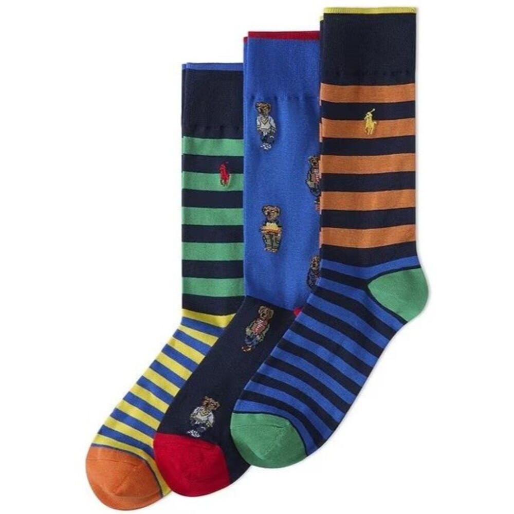 NWT NIP POLO RALPH LAUREN Men's Socks 3-Pack Mini Bear & Stripe MULTI COLOR - Picture 1 of 10